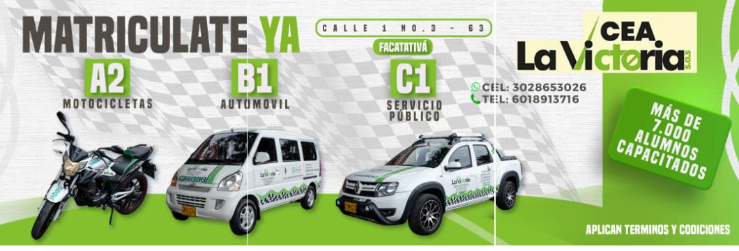 Flota oficial homologada de CEA La Victoria: motos A2, van B1 y camioneta de servicio público C1